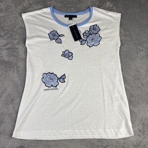 Tommy Hilfiger Shirt Womens Small White Blue Floral Embroidered Casual Top New